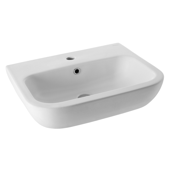 Emilia 550 wall-mounted white ceramic basin with wide soap platform and chrome overflow