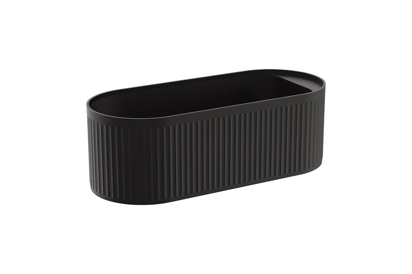 Minka 1700mm matte black solid surface freestanding bath with fluted design.
