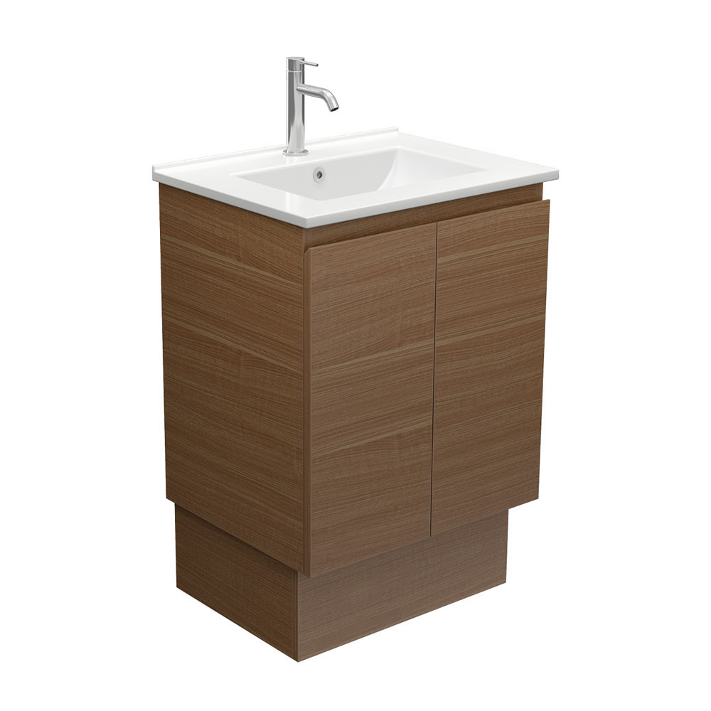 Dolce Edge Walnut 600mm Vanity on Kickboard with ceramic basin and soft-close drawers