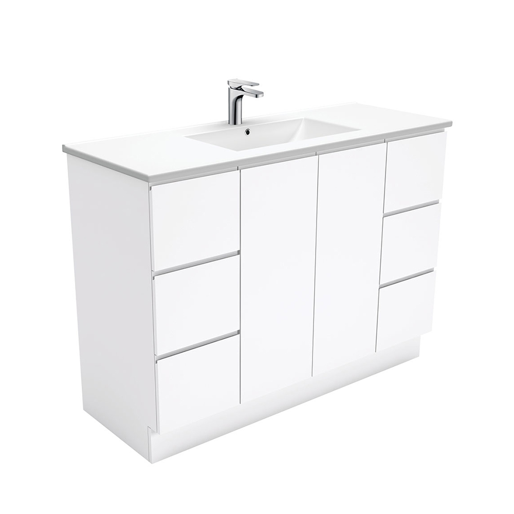 Dolce Fingerpull Gloss White 1200mm Vanity on Kickboard with ceramic basin and soft-close drawers