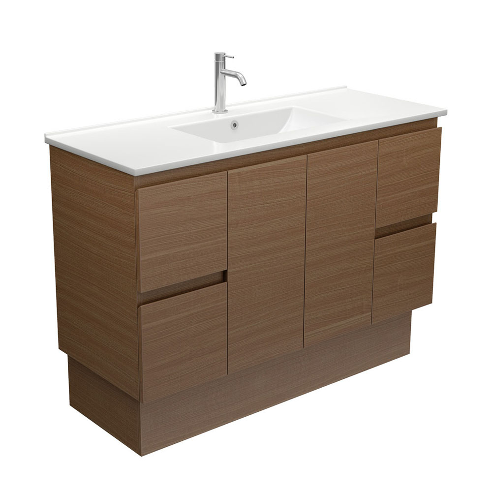 Dolce Edge Walnut 1200mm Vanity on Kickboard featuring ceramic basin and soft-close drawers