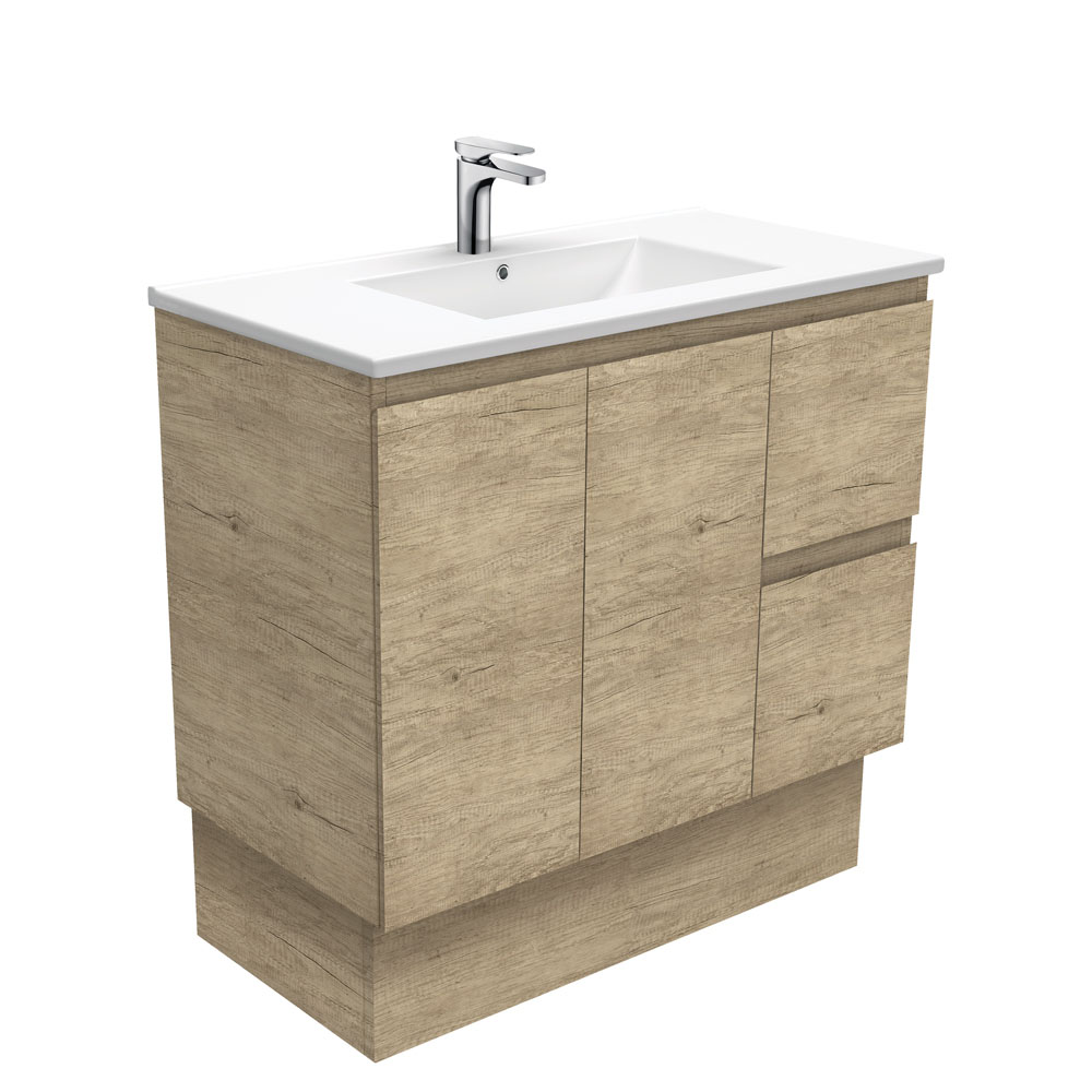 Dolce Edge Scandi Oak 900mm Vanity on Kickboard with ceramic moulded basin and left or right drawers
