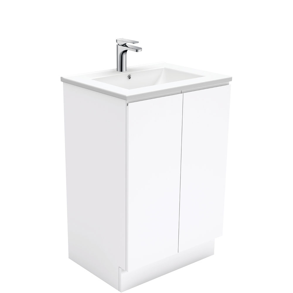 Dolce Fingerpull Gloss White 600mm bathroom vanity with ceramic basin-top and kickboard base.