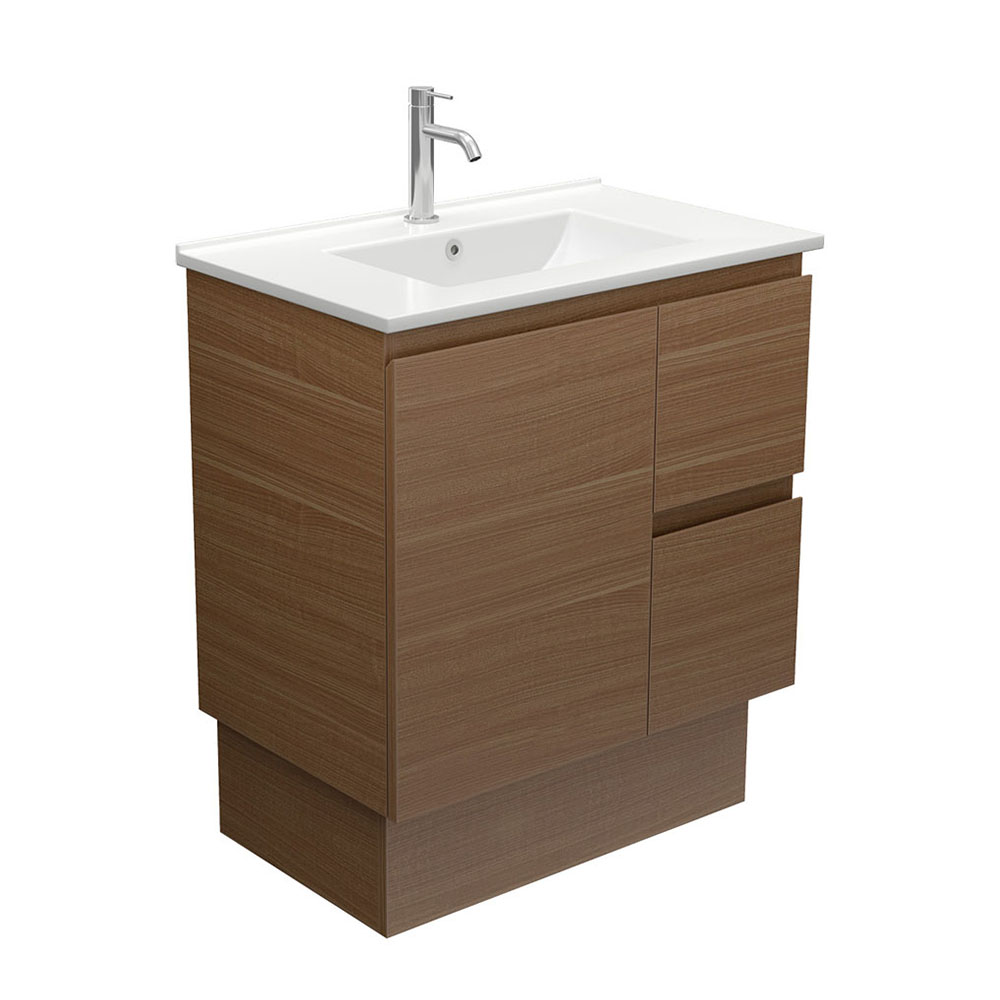 Dolce Edge Walnut 750mm Vanity on Kickboard with ceramic moulded basin and left or right drawers