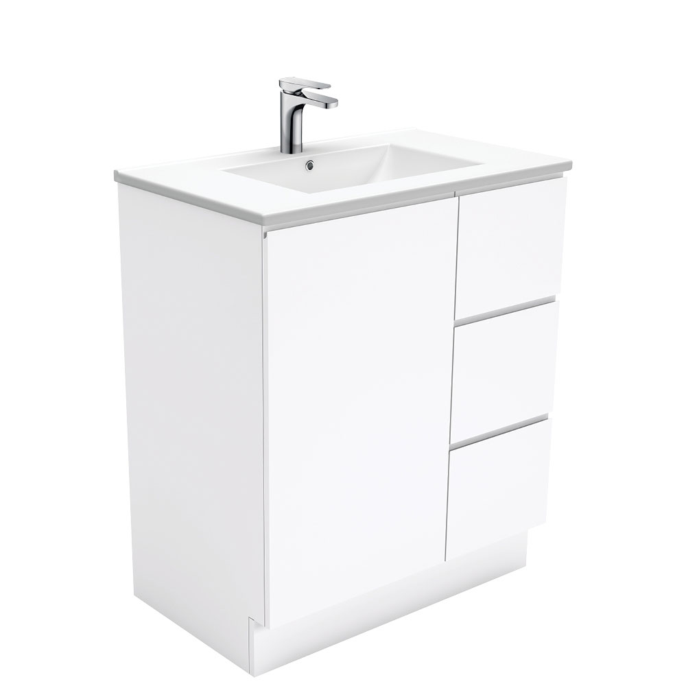 Dolce Fingerpull Gloss White 750mm vanity with left or right drawers, ceramic moulded basin-top, and kickboard base.