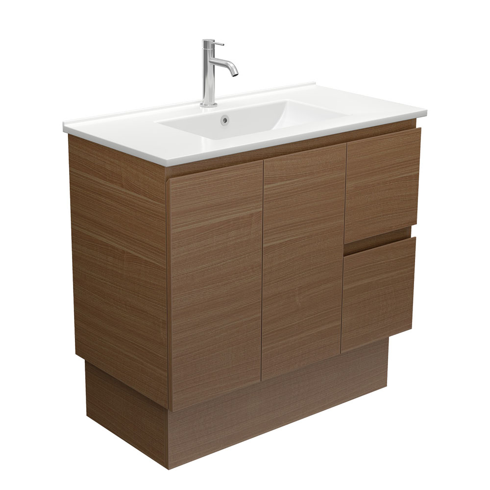 Dolce Edge Walnut 900mm Vanity on Kickboard with ceramic basin and soft-close drawers