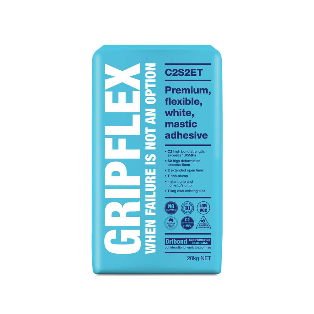 Gripflex white flexible tile adhesive for ceramic, stone, and porcelain surfaces